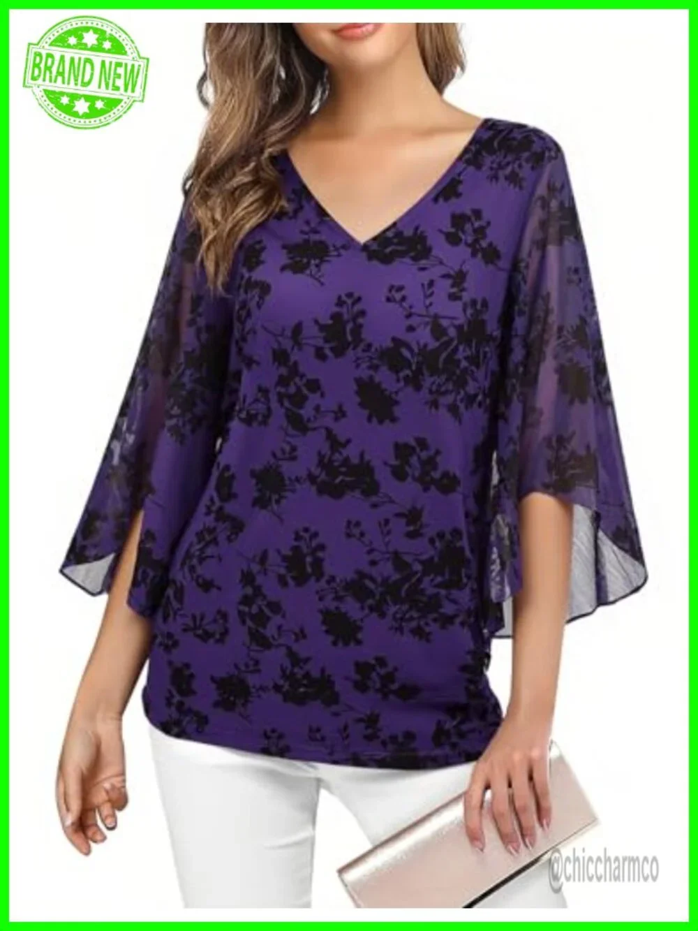Sheer Mesh Sleeve Double Layer V Neck Ruffle Cuff Tunic Blouse